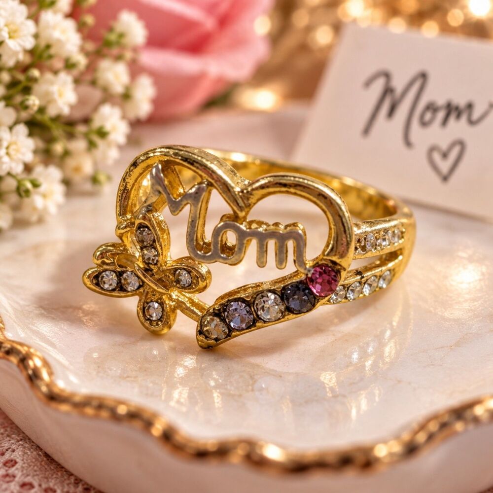 Mom Heart Butterfly Ring, Gold Tone Rhinestone Mother Jewelry, Statement Ring